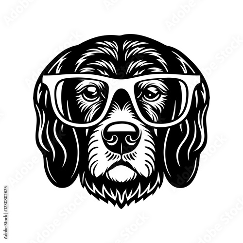 This cute DOG Head with sunglass is isolated on a white background and silhouette vector PNG