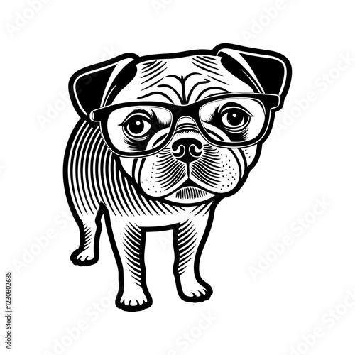 This cute DOG with sunglass Terrier puppy is a happy small domestic dog breed cute pug dog isolated on a white background. It has Solid silhouette PNG