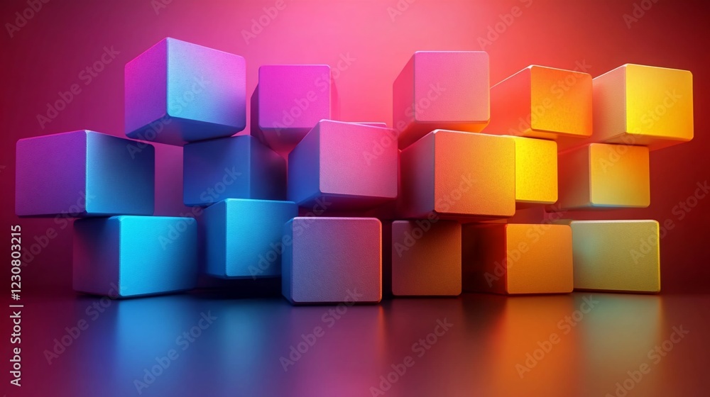 Fototapeta premium Colorful geometric blocks arranged artistically with vibrant lighting effects in the background