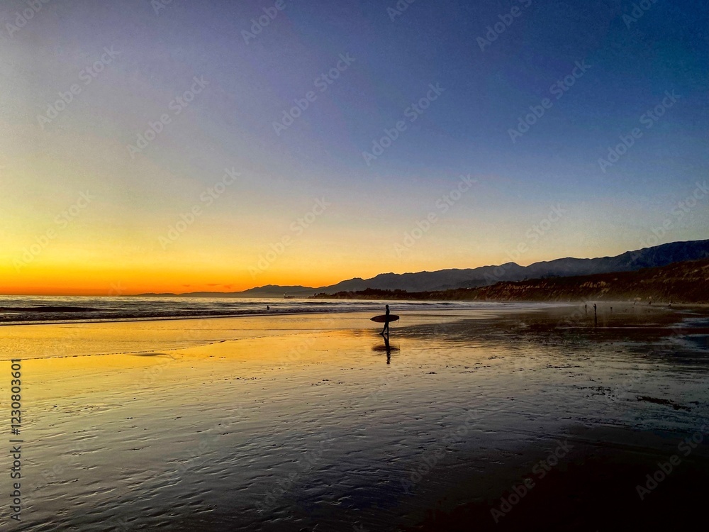 Obraz premium surfer on beach at sunset