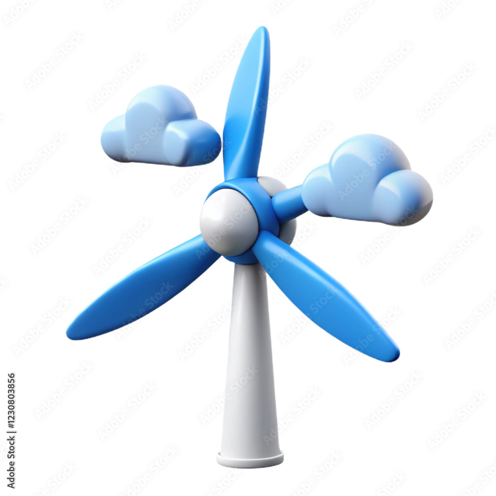 A wind turbine icon with three white blades spinning against a bright blue sky with light clouds A wind turbine icon with three white blades spinning against a bright blue sky with light clouds