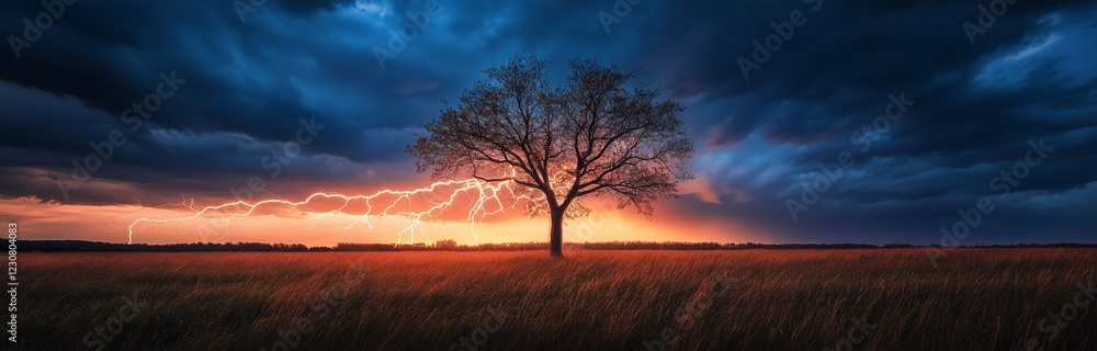 Fototapeta premium tree on the horizont hit by a lightning in the night