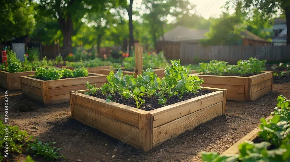 A garden with three wooden boxes full of plants A garden with three wooden boxes full of plants
