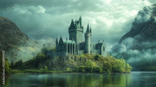 Wallpaper Mural Grey Stone Castle on Island Lake Dramatic Mountain Landscape Torontodigital.ca