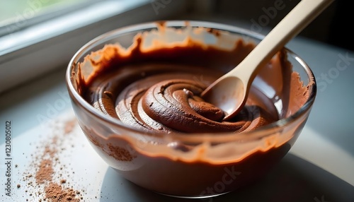 close view of dark chocolate cake batter in a glass mixing bowl, with a spatula dipped in, cocoa powder dusting the surface, sunlight streaming through a window