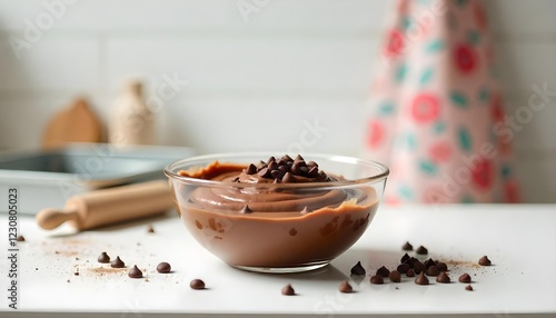 Chocolate cake batter in a glass bowl on a bright white kitchen countertop, chocolate chips scattered on top