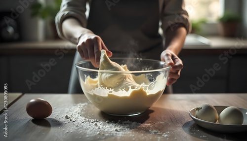 close top view of a mixing cake batter in a glass bowl on a wooden kitchen counter, sunlight streaming through a window, flour and eggs scattered around, editorial style