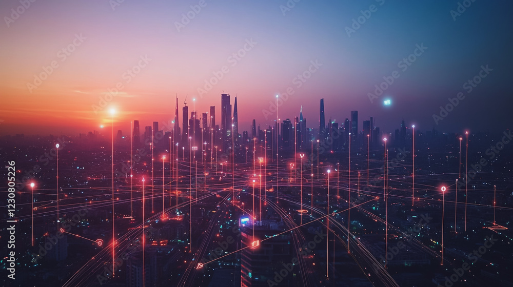 Abstract business man stands on Smart digital Innovation city with connection network reciprocity over the twilight cityscape. of future wireless digital city and social media networking systems Abstract business man stands on Smart digital Innovation city with connection network reciprocity over the twilight cityscape. of future wireless digital city and social media networking systems