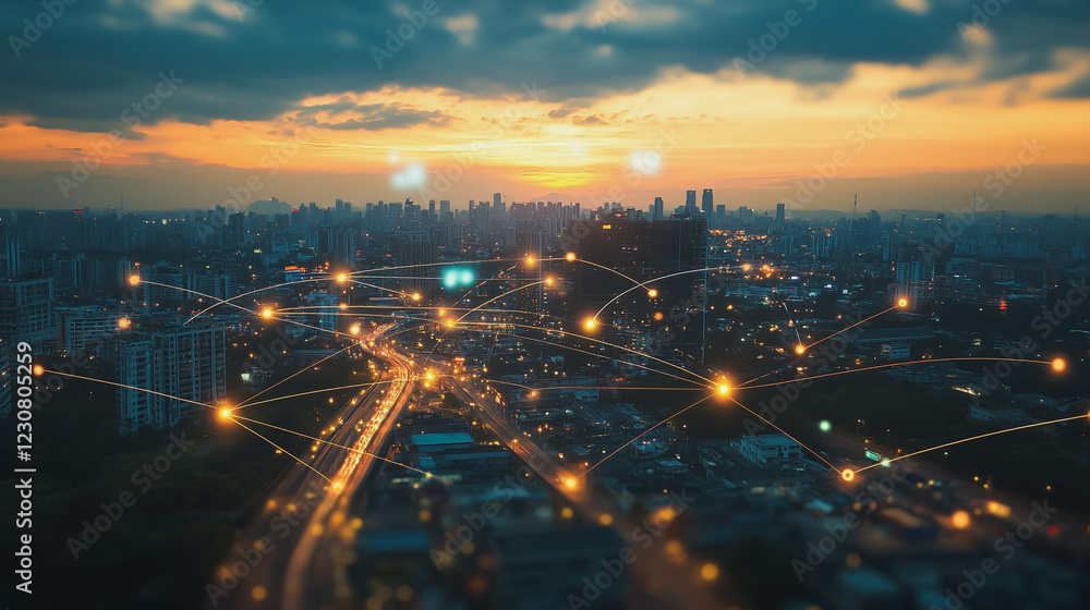 Fototapeta premium Abstract business man stands on Smart digital Innovation city with connection network reciprocity over the twilight cityscape. of future wireless digital city and social media networking systems