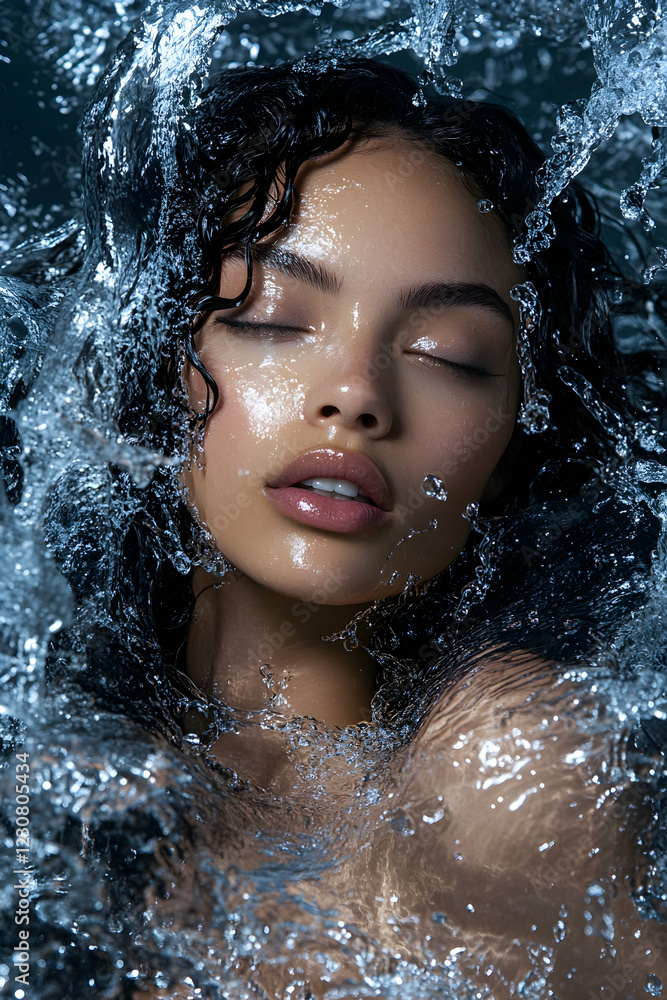 Obraz premium A radiant model woman exudes confidence as she poses amid a cascade of water splashes, the dynamic motion of the liquid enhancing her striking appearance