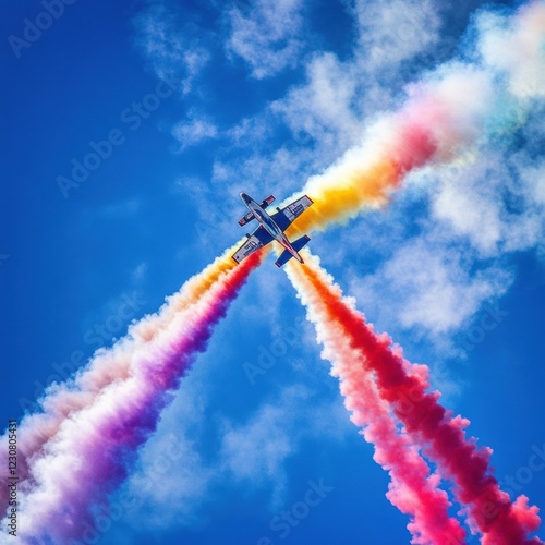 Airplanes perform stunning aerial maneuvers with vibrant smoke trails creating a mesmerizing display in a clear blue sky. Generative AI photo