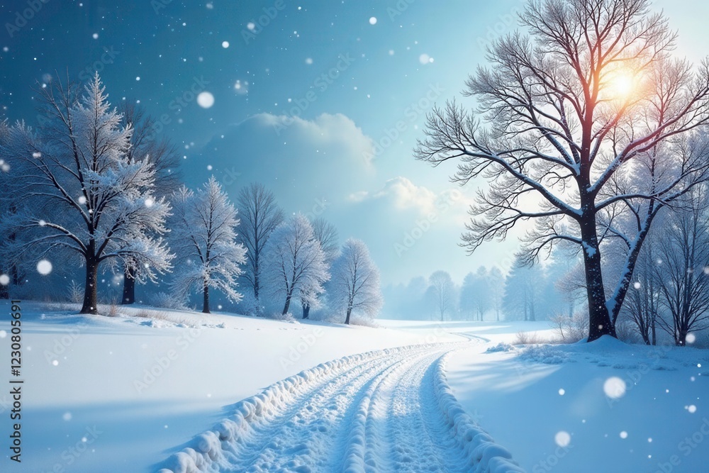 Winter landscape with falling snowflakes and bare trees, winter wonderland, serene landscapes, icy Winter landscape with falling snowflakes and bare trees, winter wonderland, serene landscapes, icy