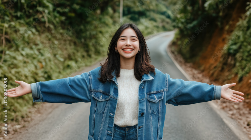 Young woman wearing a denim jacket and white sweater enjoys a scenic road trip. Standing on a winding road through lush greenery. Expressing freedom and happiness with open arms and a radiant smile Young woman wearing a denim jacket and white sweater enjoys a scenic road trip. Standing on a winding road through lush greenery. Expressing freedom and happiness with open arms and a radiant smile