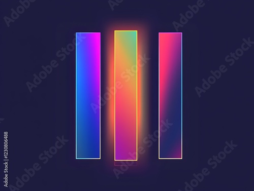 Minimalist vector art featuring bold rectangular shapes in vibrant neon gradient colors with intense crisp lighting