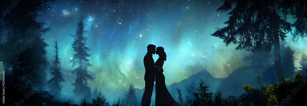Naklejka premium A romantic silhouette of a couple kissing under the aurora borealis in a night sky