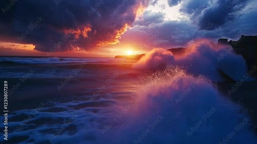 Stunning sunset over the ocean with crashing waves and dramatic clouds Stunning sunset over the ocean with crashing waves and dramatic clouds