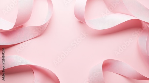 A silver ribbon creates a heart-shaped border against a pink background. This flat lay style Valentine's Day greeting card mockup is minimalistic and provides space for text, capturing the essence of
