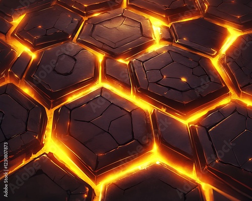 Intricate vector art of interlocking hexagonal shapes with glowing edges captured in high contrast lighting