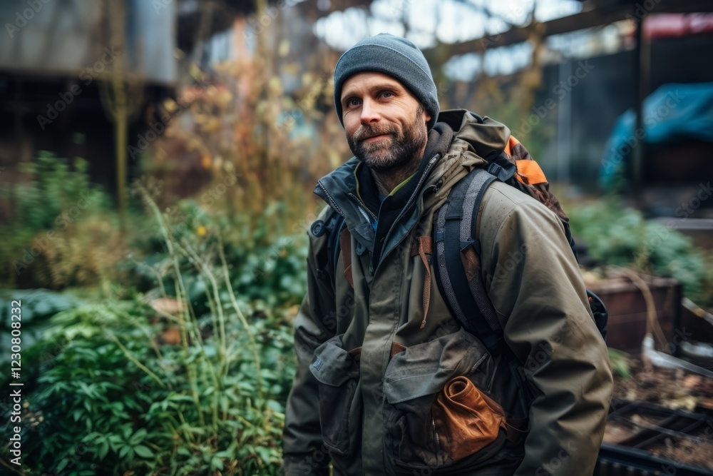 Portrait of a bearded man with a backpack in the countryside. Portrait of a bearded man with a backpack in the countryside.