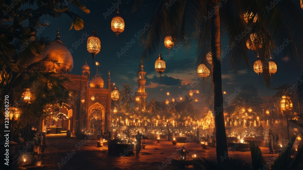 Obraz premium Nighttime Tropical Cityscape with Golden Lanterns and Mosque