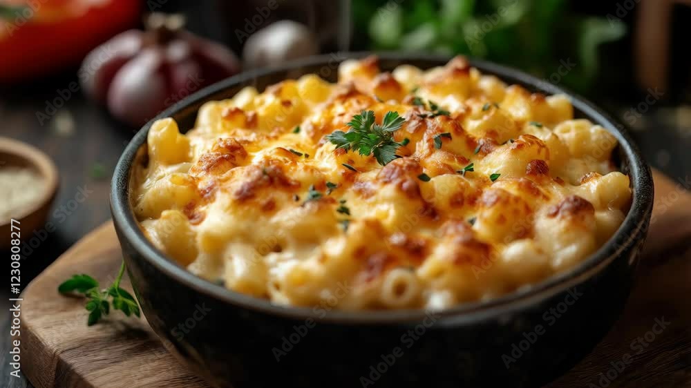 Golden baked macaroni and cheese with herb garnish in rustic setting Golden baked macaroni and cheese with herb garnish in rustic setting