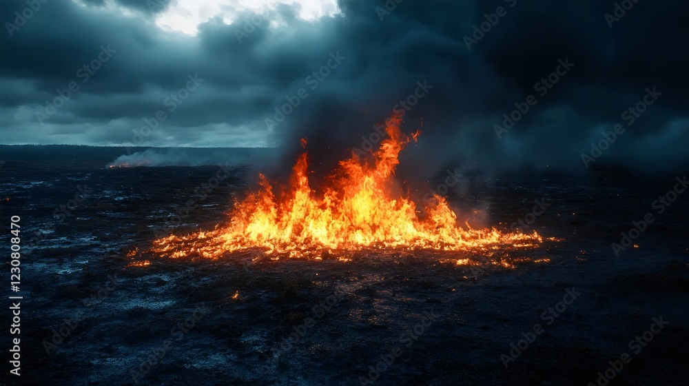 A large fire is burning in the middle of a field A large fire is burning in the middle of a field