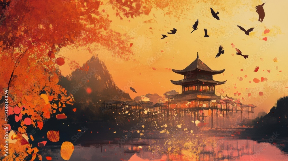 Obraz premium Orange And Yellow Autumn Sunset Landscape With Pagoda And Birds