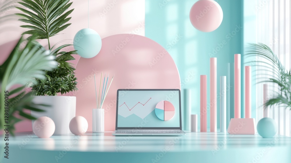 Pastel Geometric Shapes and Digital Graphs in Modern Minimalist Workspace Composition Pastel Geometric Shapes and Digital Graphs in Modern Minimalist Workspace Composition