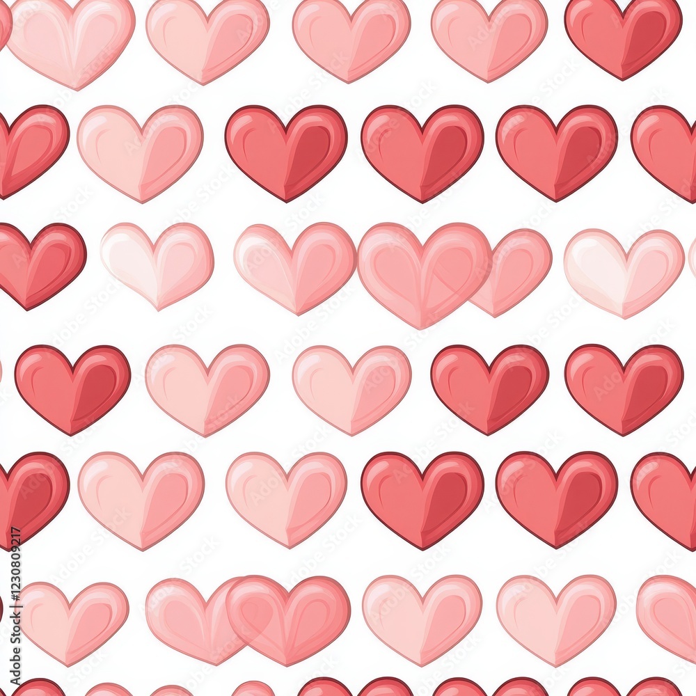 A holiday-inspired illustration with a seamless pattern of pink hearts, ideal for designing cards, postcards, posters, prints, and banners. The design features cartoonlike colorful hearts on a white A holiday-inspired illustration with a seamless pattern of pink hearts, ideal for designing cards, postcards, posters, prints, and banners. The design features cartoonlike colorful hearts on a white