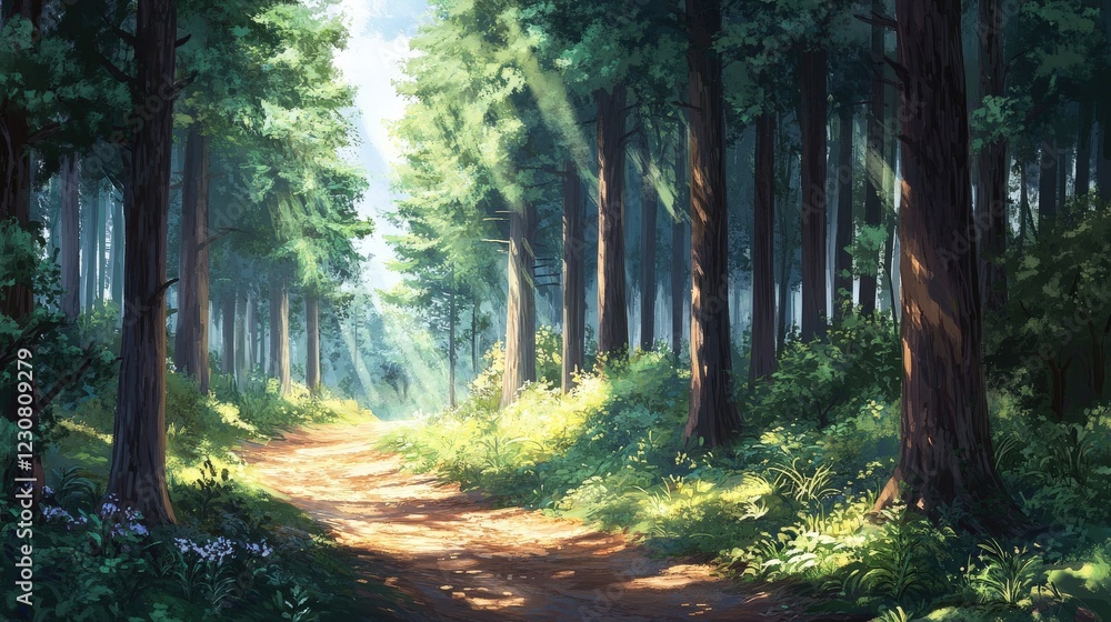 Obraz premium Sunlit Forest Path Winding Through Tall Trees