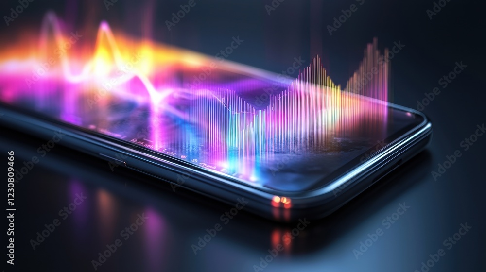 Multicolored Glowing Waves of Digital Energy Emanating from Futuristic Mobile Device