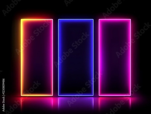 Minimalist vector art featuring bold rectangular shapes in vibrant neon gradient colors with intense crisp lighting