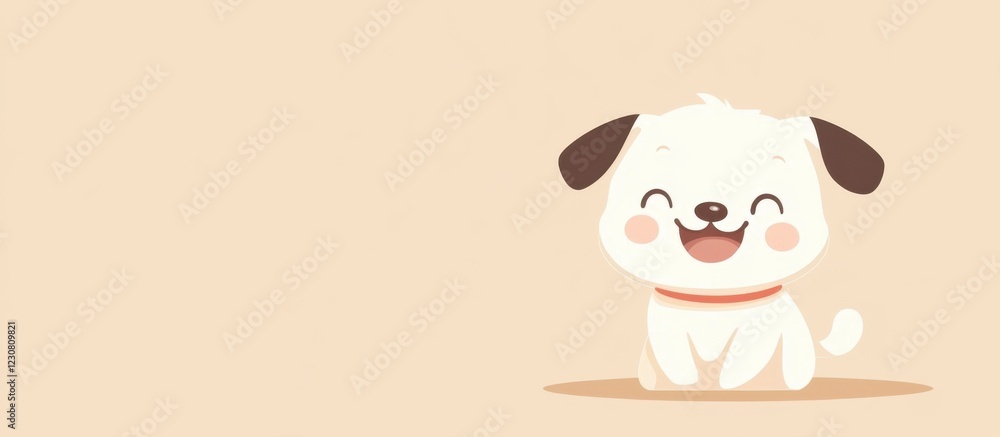 Happy Puppy Sitting Beige Background Minimalist Cute Dog Cartoon Happy Puppy Sitting Beige Background Minimalist Cute Dog Cartoon