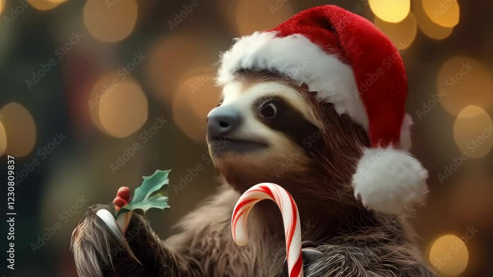 Santa hat wearing sloth enjoys candy cane with holiday lights in background Santa hat wearing sloth enjoys candy cane with holiday lights in background