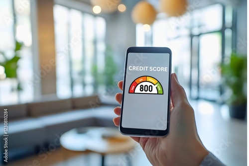 Hand Holding Smartphone Displaying an Excellent Credit Score of 800 , Credit Ratings 