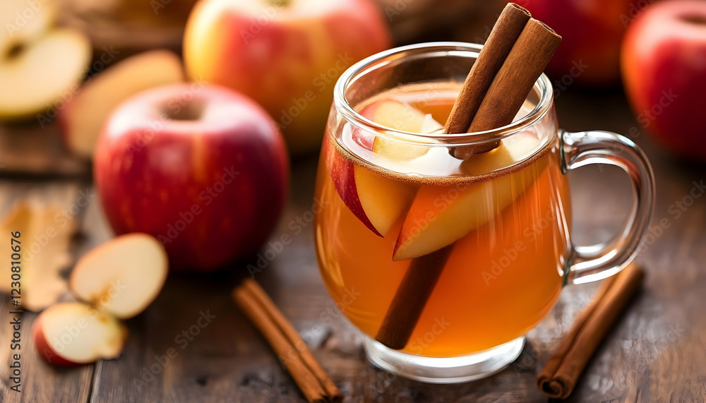 A spiced apple chai latte served with a cinnamon stick stirring inside A spiced apple chai latte served with a cinnamon stick stirring inside