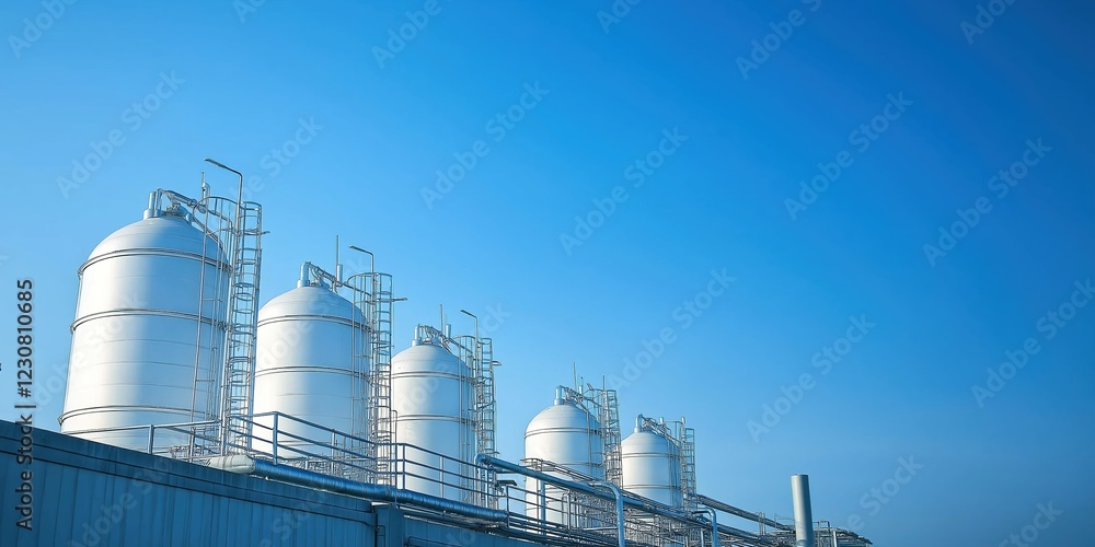 Obraz premium Large white cylindrical LNG storage tanks stand tall against a vibrant blue sky, showcasing industrial infrastructure and energy supply chain