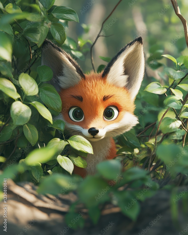 Obraz premium Curious fox kit peeking, forest foliage, sunlight