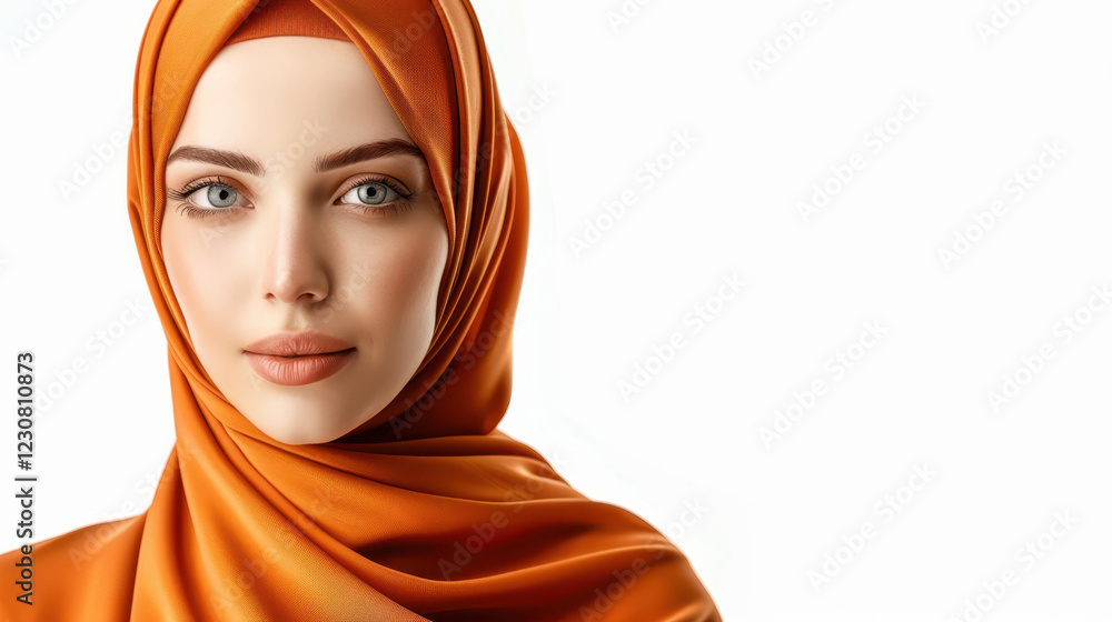 A stunning Muslim woman dons a colorful hijab, showcasing her beauty and cultural pride against a plain white backdrop. A stunning Muslim woman dons a colorful hijab, showcasing her beauty and cultural pride against a plain white backdrop.