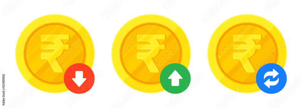Set of Indian rupee gold coins, arrows for increase, decrease, transaction. Finance, currency, fluctuation, ₹ and INR exchange concept. Flat vector illustration isolated on a white background Set of Indian rupee gold coins, arrows for increase, decrease, transaction. Finance, currency, fluctuation, ₹ and INR exchange concept. Flat vector illustration isolated on a white background