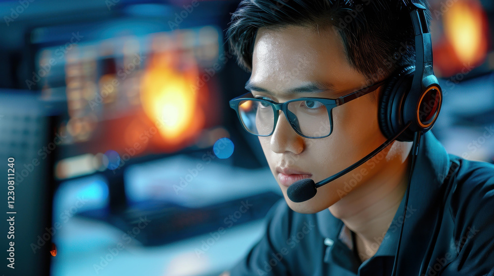 A focused male operator in a headset diligently assists clients from his desk in a busy call center environment. A focused male operator in a headset diligently assists clients from his desk in a busy call center environment.