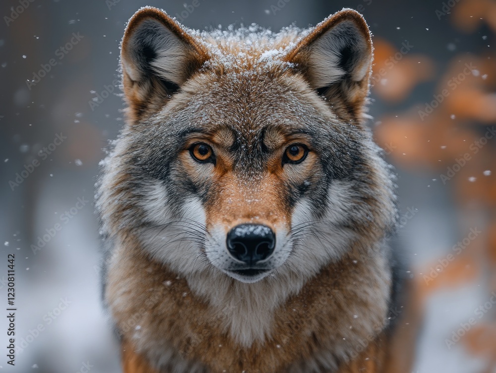 Fototapeta premium Close-up portrait of a wolf with falling snow in the forest, creating a winter scene