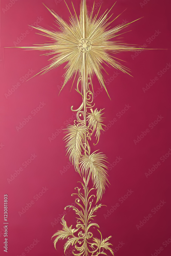Obraz premium Ornate gold star and floral patterns on textured red canvas