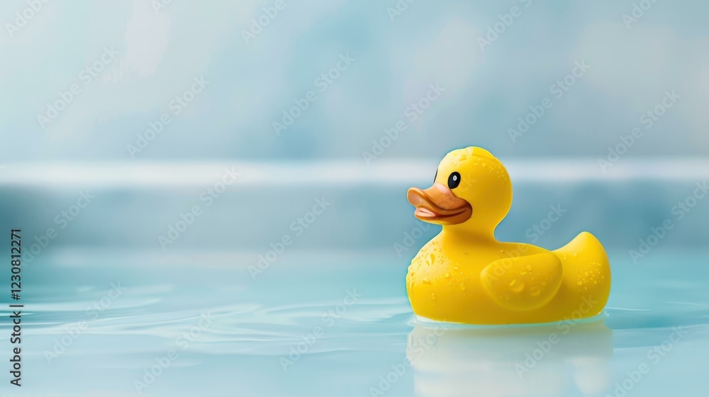 A cheerful yellow toy duck floats in a bright bathroom, adding a splash of fun to the serene ambiance. A cheerful yellow toy duck floats in a bright bathroom, adding a splash of fun to the serene ambiance.