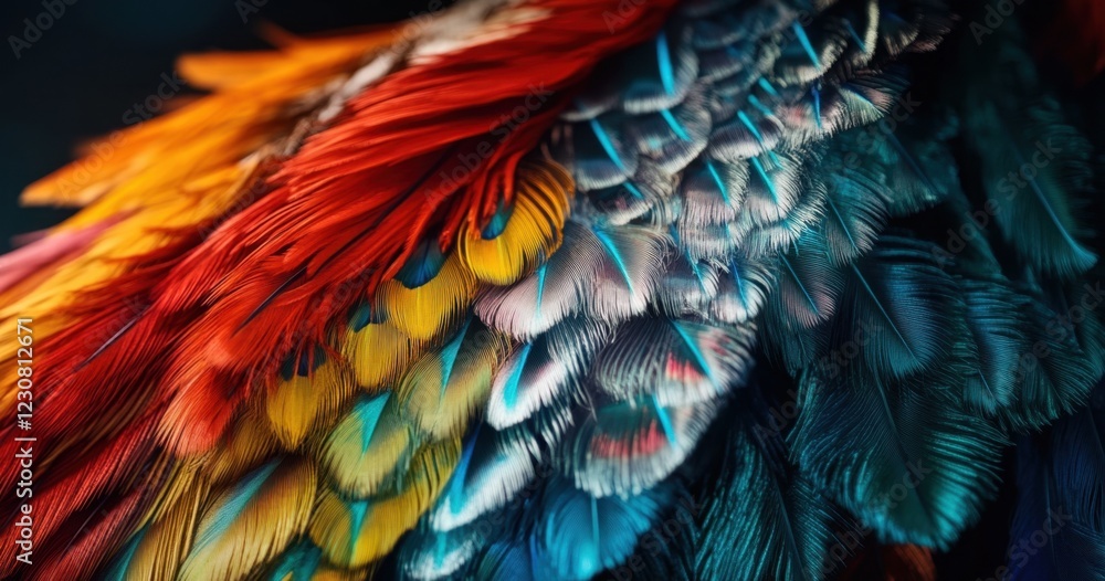 Obraz premium colorful peacock or parrot feathers, their vibrant colors creating an eye-catching and artistic display against the dark background. 