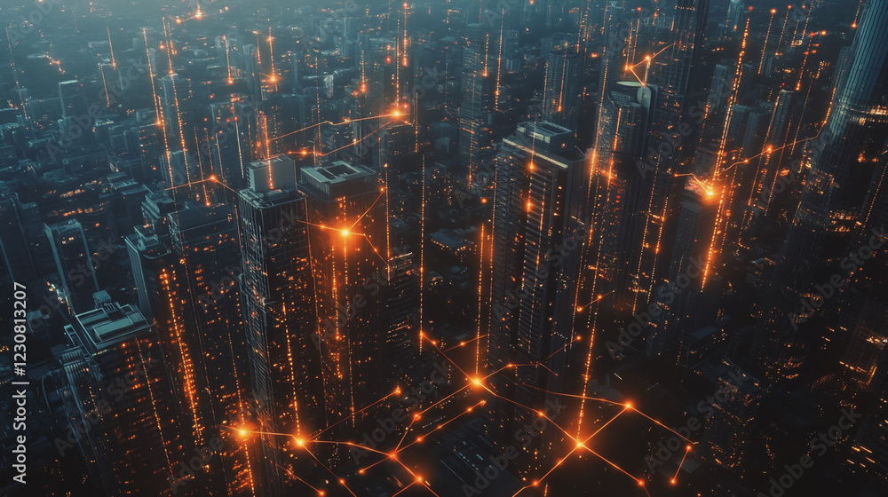 Fototapeta premium Smart digital Innovation city with connection network reciprocity over the cityscape. of future smart wireless digital city and social media networking systems that connects people with in city