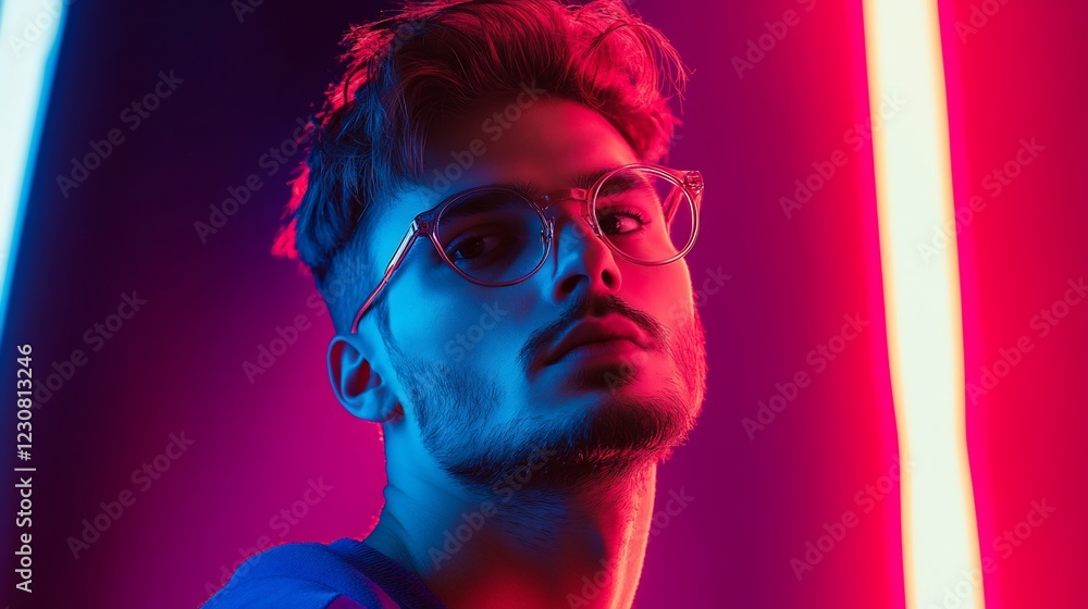 Portrait of a person with glasses, illuminated by vibrant neon blue and pink lights Portrait of a person with glasses, illuminated by vibrant neon blue and pink lights