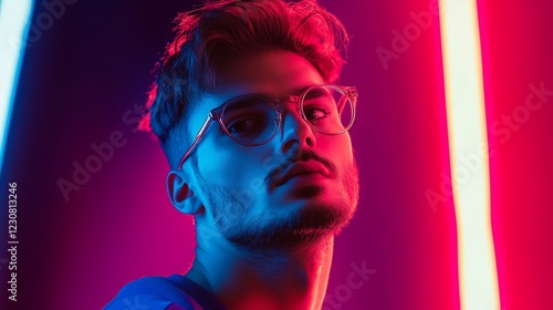 Portrait of a person with glasses, illuminated by vibrant neon blue and pink lights