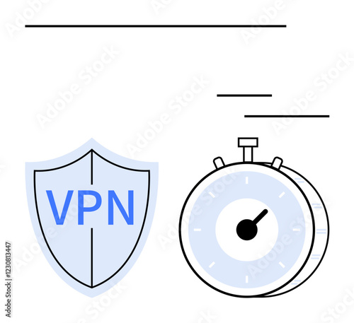 Shield with VPN label next to stopwatch representing secure access, privacy, speed. Ideal for cybersecurity, privacy tools, internet security, data encryption, fast browsing, anonymity abstract line