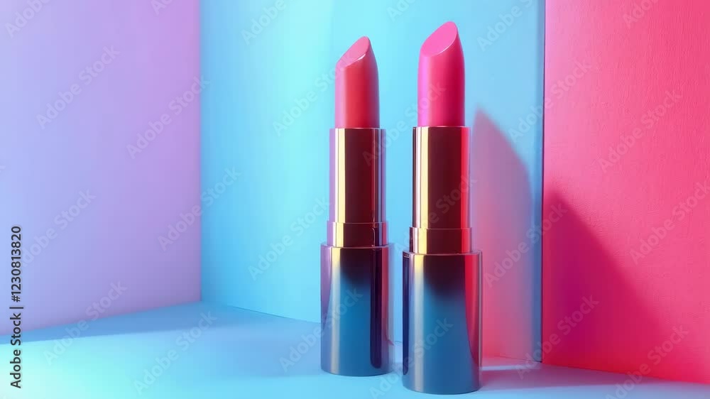 Vibrant lipsticks displayed against colorful backdrop enhancing beauty Vibrant lipsticks displayed against colorful backdrop enhancing beauty